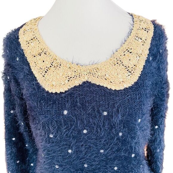 Mizumi navy blue polka dot eyelash knit sweater with crochet sequin collar sz M - Picture 2 of 8